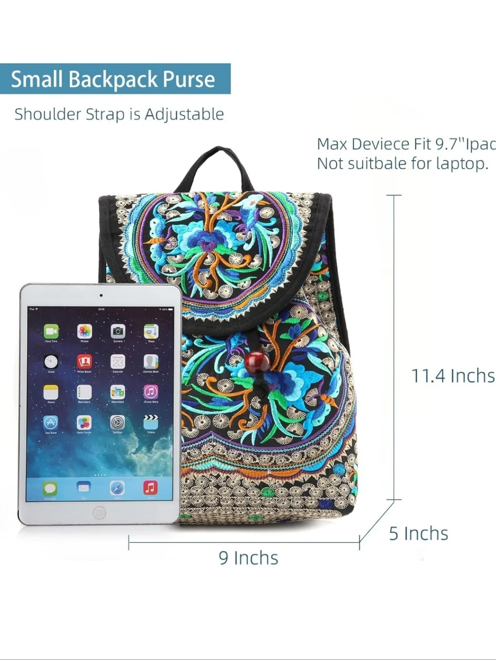 💙 Embroidered Boho Black & Blue Floral Backpack and Crossbody Purse 2pc